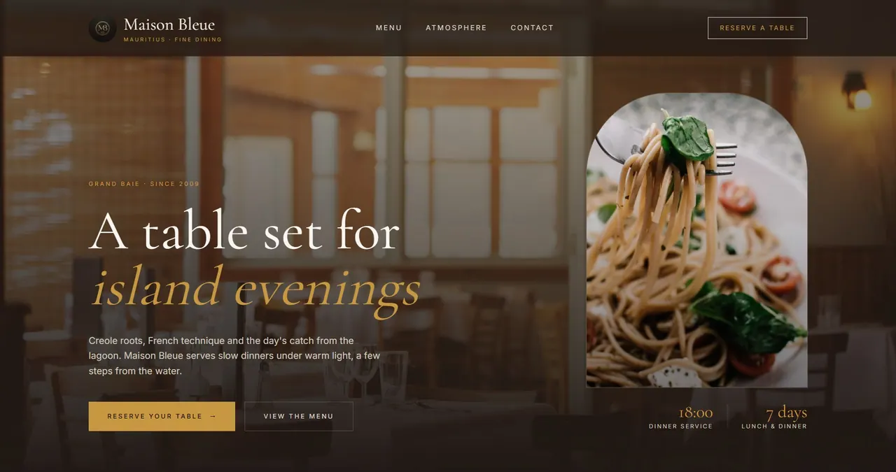 Website design concept: Table reservations for a Mauritius restaurant